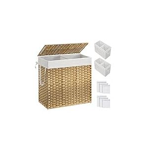 SONGMICS Panier à linge avec couvercle, panier à linge de 130 l avec 2 sacs à doublure amovible et 6 sacs en maille, panier à linge en osier, panier à linge double pour salle de bain, 33 x 66 x 60 cm,