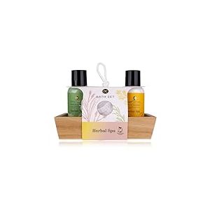 Accentra Coffret cadeau Herbal SPA dans une boîte en bois décorative, avec gel douche 100 ml, lotion pour le corps 100 ml et éponge en filet – Emballage (papier) et bouteilles en matériau recyclé