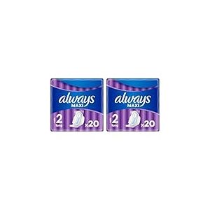 Always Maxi Serviettes Hygi&eacute;niques, Taille 2, Long, 20 Serviettes Avec Ailettes, Flux Tr&egrave;s Abondants Jour, C&oelig;ur Ultra Absorbant et Barri&egrave;res Anti-Fuites (Lot de 2)