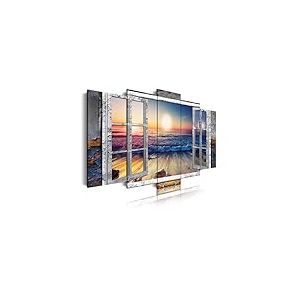 DekoArte - Impression Sur Toile Moderne | Toile D&eacute;corative Pour Votre Salon Ou Votre Chambre | Style Paysage Vue Sur La Plage au Coucher De Soleil depuis la Fen&ecirc;tre | 5 Pi&egrave;ces 150 x 80 cm