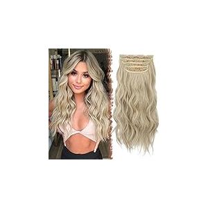 FESHFEN Lot de 4 extensions à clips de cheveux synthétiques, épais, balayés, longs et ondulés, pour femme, tête complète, 50 cm, blond beige clair mélangé blond crème