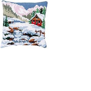 VERVACO Point De Croix Kit Coussin Complet Set PAYSAGE D'HIVER Decoration Manuelle Broderie Kit Adulte Art Creatif Cadeau DIY Cross Stitch Embroidery ca. 40 x 40 cm