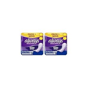 Always Discreet Extra Sûre, 48 Serviettes Hygiéniques Incontinence Femme, Ultimate Jour 6 Gouttes, Protection Absorbante pour Fuites Urinaires Importantes de Jour, Pack 1 Mois (Lot de 2)