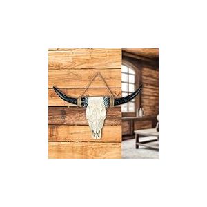 Casablanca Tête de buffle décorative en poly noir et blanc Tête de taureau Décoration murale à suspendre Largeur 38 cm Hauteur 24 cm