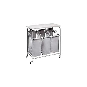 Amazon Basics Rectangulaire, Panier à linge sale avec 3 compartiments de tri et planche à repasser intégrée, Gris, 80x41x84 cm
