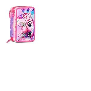 SJ Gang Style Jam Gang Trousse Scolaire 3 Zip Cat LED, Rose, Porte-Stylo Triple Compartiment Complet avec Stylets, Crayons, Couleurs, Accessoires Sac à Dos, école Primaire, Fille