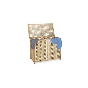 Relaxdays Panier à linge en bois de noyer double corbeille vêtements avec couvercle tri bac HxlxP 46,1 x 87,9 x 68,1 cm 2 compartiments coffre 2 sacs en lin blancs amovibles, couleur naturelle