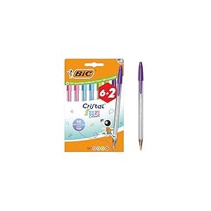 BIC Cristal Fun Colours Stylos-bille Pointe Large (1,6 mm) avec encres fantaisie - Couleurs assorties, pack de 8 (6+2 offerts)