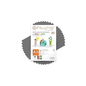 Feuilles de couleur, Pack 50 Feuilles A3 80gr – Papier couleur pour loisirs créatifs, imprimante, scrapbooking – Feuilles colorées – Idéal pour origami, pliage, bureau et école (Gris, 50h)