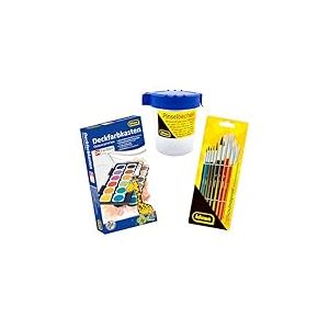 Idena 90480 - Boîte de peinture couvrante avec 24 couleurs et 1 tube de blanc couvrant, y compris 10 pinceaux à peindre et un godet à pinceaux avec couvercle