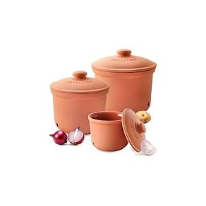 R&ouml;mertopf Lot de 3 pots fra&icirc;cheur en c&eacute;ramique pour ail, oignon et pommes de terre cuite - Argile respirante pour garder les l&eacute;gumes frais plus longtemps