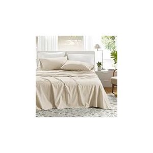 Comfort Spaces Parure de lit 4 pièces 100% Coton Respirant et Ultra Doux, naturellement Frais avec Poche élastique de 35,6 cm, pour Matelas jusqu'à 40,6 cm, pour Toutes Les Saisons, crème