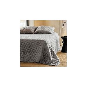 Homemaison QABANE - Couvre-Lit et Taies d'oreiller en Velours Matelass&eacute; - Microfibre Polyester - Texture Luxueuse - Rembourrage Ouate - Style Moderne et Chic - 230 x 250 cm - Gris