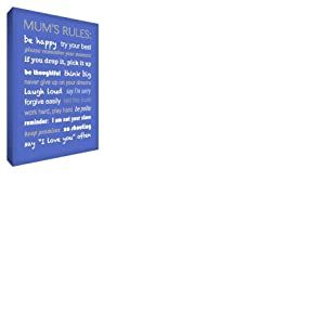 Feel Good Art Toile décorative sur châssis épais Mum's Rules Typographie Moderne Bleu Format A4 30,5 x 20,3 cm