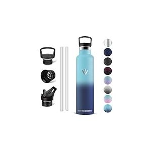 Vikaster Bouteille d'eau isotherme - Thermos 1l, Gourde Avec Paille, Gourdes Sans BPA, Gourde Enfant & Adulte pour Sport, école, Bureau, Gym, Voyage, Bleu Clair - Bleu Foncé