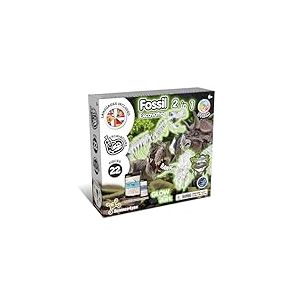 Science4you - Kit de Fouille de Fossiles 2 en 1 - Excaver et Assembler 2 Dinosaures Qui Brille dans l'Obscurité, 22 pièces: T-Rex et Triceratops - Jouet pour Enfants +6 Ans
