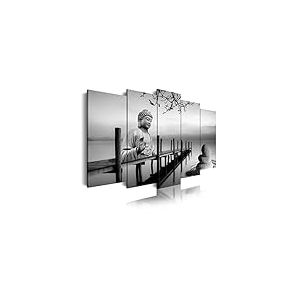 DekoArte 19 - Impression Sur Toile Moderne D'Images Artistiques Numérisées | Toile Décorative Pour Votre Salon Ou Votre Chambre | Style Paysage et Bouddha Zen En Noir et Blanc | 5 Pièces 150 x 80 cm