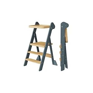 COSYLAND Tour d&rsquo;Observation Montessori Enfant Pliable &ndash; If Design Award, Tour d&rsquo;Apprentissage en Bois R&eacute;glable en Hauteur d&egrave;s 1 an avec Filet de S&eacute;curit&eacute;, Kitchen Helper B&eacute;b&eacute; &ndash; Slate Blue & Naturel