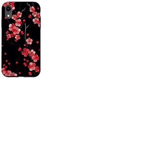 Coque pour iPhone XR Fleur de cerisier rouge japonaise Sakura fleur fond noir