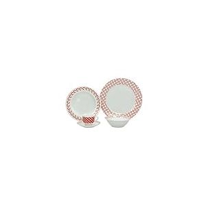 Service de 30 pièces de table avec assiettes, bols et tasses - Service de table avec décoration à carreaux en porcelaine, blanc et rouge