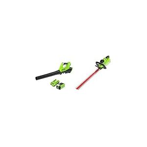 Greenworks G40ABK2 Souffleur à Batterie Axial de Feuilles Mortes sans Fil & G40HT61 Taille-Haie à Batterie, Lame Double Action de 61 cm, Coupe Jusqu'à 27 mm