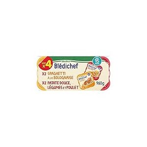 Blédina - Blédichef - Repas Bébé 15 Mois - 12 Plats Spaghetti Bolognaise - 12 Plats Patate Douce Légumes Poulet - Petits Morceaux - Dès 15 Mois - 24 Assiettes