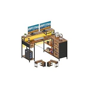 YITAHOME L Form Bureau avec Prise de Charge USB et Prise,Bureau d'angle réversible avec 4 tiroirs et étagère,140x100cm Tableau d'ordinateur,Marron