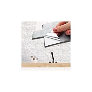 WALPLUS WT1705 Lot de 12 autocollants muraux pour carrelage de cuisine et salle de bain Motif marbre blanc 28,5 x 14 cm