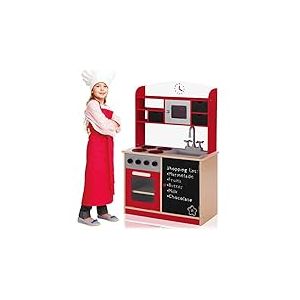 Bakaji Cuisine en Bois Jouet pour Enfants avec Porte et Tiroirs Ardoise Évier en Plastique 4 Cuisinières Four Ouvrable et Micro-Ondes Fermetures magnétiques 60 x 30 x 90 cm (Rouge)