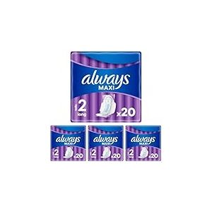 Always Maxi Serviettes Hygi&eacute;niques, Taille 2, Long, 20 Serviettes Avec Ailettes, Flux Tr&egrave;s Abondants Jour, C&oelig;ur Ultra Absorbant et Barri&egrave;res Anti-Fuites (Lot de 4)
