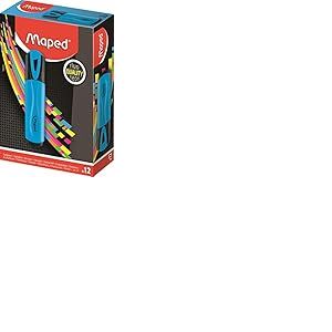 MAPED - Boite de 12 Surligneurs Fluo'Peps Classic, Coloris Bleu - des Couleurs &Eacute;clatantes pour Surligner Vos &eacute;crits - Pointe Biseaut&eacute;e permettant de Faire Des Traits de 1 &agrave; 5 mm