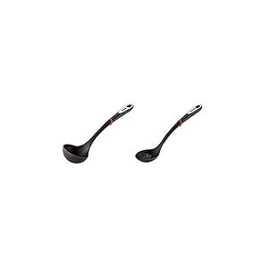 Tefal K2060114 Ingenio Louche ustensile de Cuisine Noir résistant & K2060314 Ingenio Cuillère Écumoire ustensile de Cuisine Noir résistant sans bisphénol A avec Insert Silicone