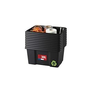 SUNDIS Bac de rangement 30L, lot de 10, en plastique recycl&eacute; noir, L.46,5xl.36,5x H23cm, empilable et superposable, multiusage, id&eacute;al pour l&rsquo;atelier, le bricolage ou le transport