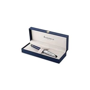 Waterman Expert Stylo plume - Laqu&eacute; gris m&eacute;tallique et bleu - Capuchon biseaut&eacute; - Plume fine en acier inoxydable - Encre bleue - &Eacute;crin