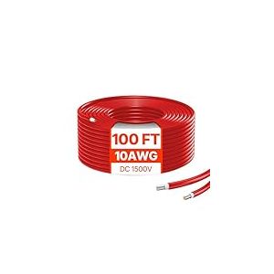 VEVOR Câble d'Extension de Panneau Solaire, 30,48 m, Calibre du Fil 10 AWG, CC 1500 V, Étanche IP67, pour Panneaux Solaires Domestiques, de Bateaux, Camping-cars, Toits, Systèmes Hors Réseau, Rouge