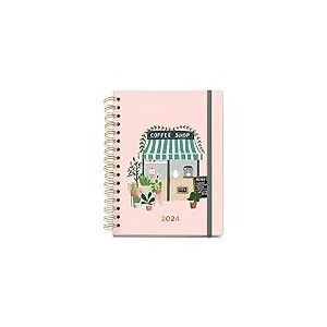 Miquelrius - Agenda Annuel 2024 Amateurs de Caf&eacute;, Vue Semaine, Grand Format 155 x 213 mm (similaire A5), Couverture Rigide, Reliure Spirale, Fermeture en Caoutchouc, Multilingue, Coffee Shop Rose