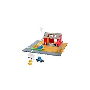 Matchbox Action Drivers Aventure à la ferme Coffret de jeu avec tracteur à l’échelle 1/64, remorque, 2 bottes de foin, figurines de chèvre, de cheval et de vache amovibles, sons réalistes, HRY42