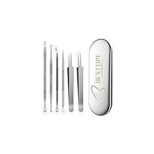 标题：BESTOPE PRO tire comedon point noir ensemble de 6, ensemble anti-acné - ensemble de pinces à épiler avec étui en métal, point noir extracteur, en acier inoxydable de haute qualité, argent
