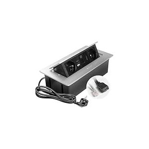 GTV Prise encastrable Multisoft en aluminium avec 2 prises de courant avec terre, USB A+C, RJ45, HDMI 2.0, escamotable avec couvercle, câble de 1,5 m, idéale pour la cuisine, le bureau ou la table de