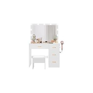 YITAHOME Coiffeuse avec Miroir, 4 tiroirs, Tabouret, éclairage, Prise de Courant, Blanche (Table de Maquillage, Coiffeuse, Table de vanité)