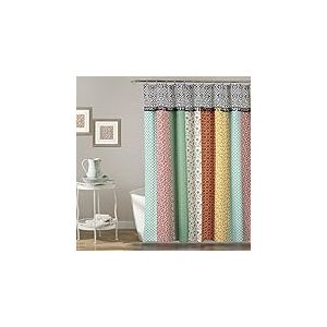 Lush Decor Rideau de Douche bohème en Tissu imprimé coloré à Rayures Verticales avec Pompons, 183 x 183 cm, Multicolore