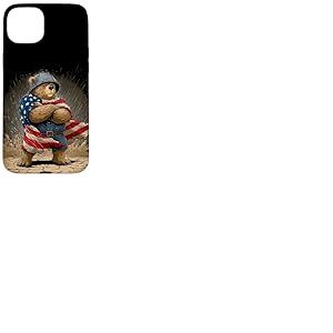 Costume d'ours en Casque Militaire et Drapeau américain Coque pour iPhone 15 Plus