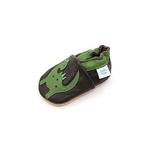 Dotty Fish Chaussures Pieds Nus Unisexes en Cuir pour bébés et Enfants - Antidérapantes, légères, Respirantes, Animaux du Zoo et de la Jungle. Garçons et Filles - Brun avec Dinosaure Vert 0-6 Mois