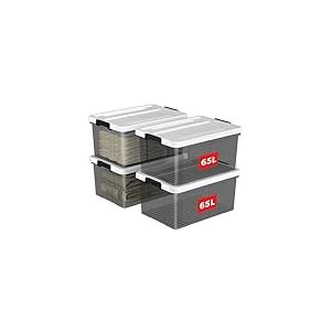 Cetomo 65L*4 Boîte de Rangement, Bac de rangement avec Poignée, Plastique Organisateur avec Couvercle, Empilable, Transportable, pour Vêtements, Bureau, Dortoirs, Transparent Noir, 65L - Lot de 4