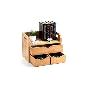 Hacaroa Organiseur de bureau en bambou &agrave; 3 &eacute;tages avec 3 tiroirs, mini bo&icirc;te de rangement pour produits cosm&eacute;tiques, trieur de courrier portable pour fournitures de bureau, articles de toilette