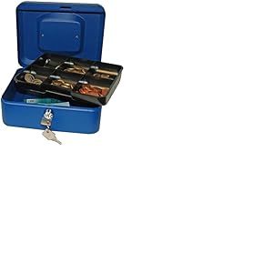 Reskal - Caisse à Monnaie Verrouillable en métal 20 x 16 x 9 cm bleue avec Monnayeur et 2 clés inclus