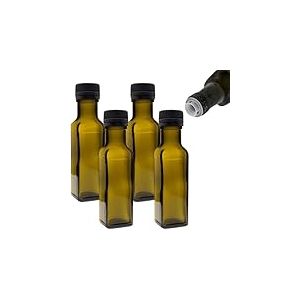 Mikken Lot de 4 bouteilles d'huile 100 ml avec bec verseur Bouteilles en verre vert/brun Distributeur d'huile avec &eacute;tiquettes incluses