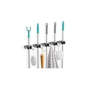 Cheerhom Accroche Balai Mural, 5 Supports + 4 Crochets Noir Porte Balais Mural, Support Balais Mural, Porte Balais Mural Sans Percage, Rangement Balai, Attache Balai Mural