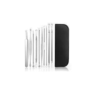 AiQInu 10 Pièces Extracteur Point Noir, Dissolvant de Points Noirs, Comedons en Acier Inoxydable & Outil Nettoyage Bouton, Accessoire Acné Visage, Pince Tire comédon de Nez-Noir