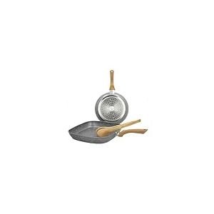 Set Po&ecirc;le ronde antiadh&eacute;sive avec gril carr&eacute; et pinces &ndash; Set po&ecirc;le, grill &agrave; induction et pinces, avec rev&ecirc;tement Marmotech et pinces en bambou, po&ecirc;le de 24 cm et grill de 28 cm